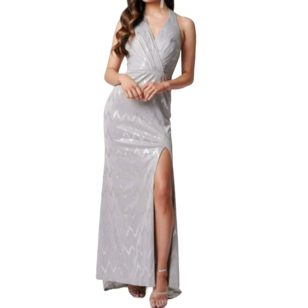 Forever Unique Metallic Zigzag Missouri Maxi Dress Silver Size 10 NWT